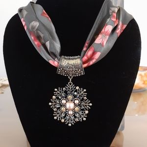 1/2 Price. Marked. Rustic Gold Tone Scarf Necklace Pendant Pearls and Crys…